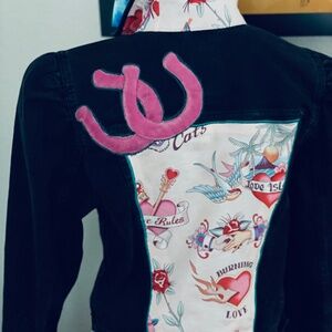 Puff Sleeve Black Denim Jacket with Alexander Henry™ Fabric and Cowhide Applique